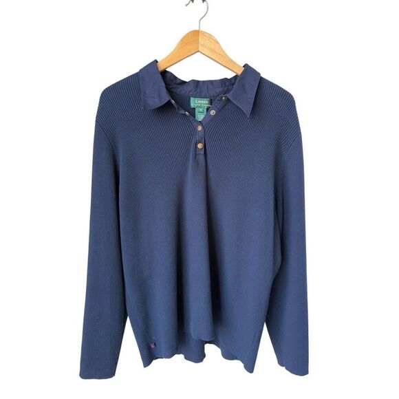 Lauren Ralph Lauren Navy Blue Collard Ribbed Knit Pullover Ling Sleeve top - Picture 2 of 11